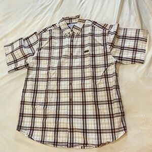 Carhartt Short Sleeve Brown Plaid 100% Cotton Button‎ Up Shirt Men's Size L, EUC
